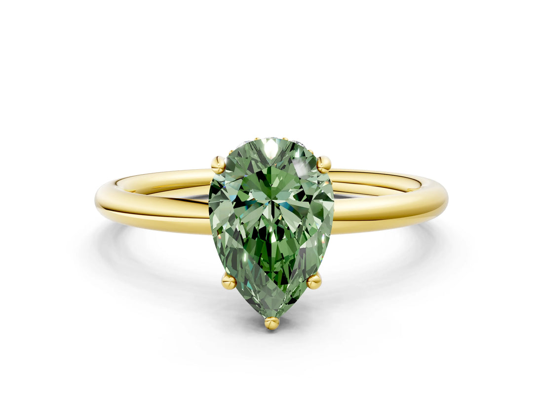 Yellow gold Fancy Green Pear  Solitaire Diamond Ring with a Classic Band and Four-Prong Setting