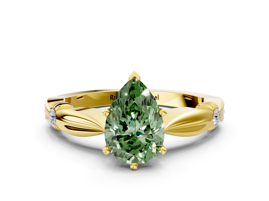 Yellow gold Fancy Green Pear  Solitaire Diamond Twisted Band with Four-Prong Setting_63