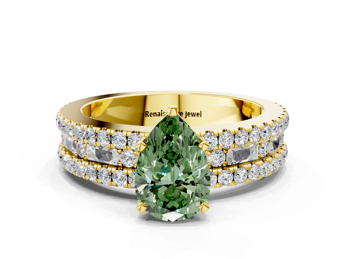 Yellow gold Fancy Green Pear  Solitaire Diamond with Pave and Channel Set Band_74