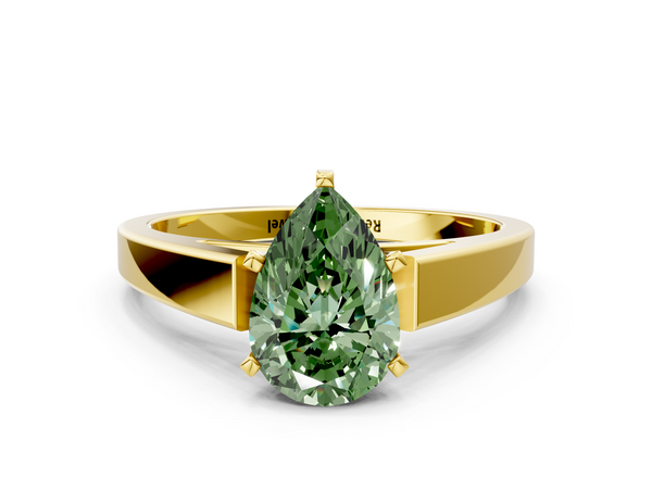 Yellow gold Fancy Green Pear  Solitaire Engagement Ring with Four-Prong Setting and Tapered Band