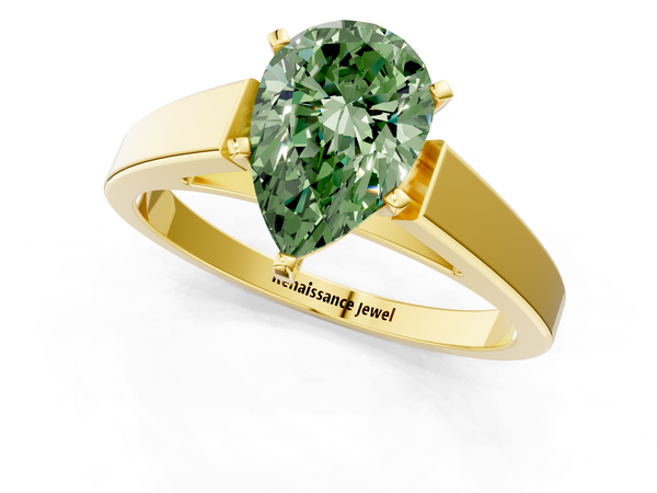 Yellow gold Fancy Green Pear  Solitaire Engagement Ring with Four-Prong Setting and Tapered Band