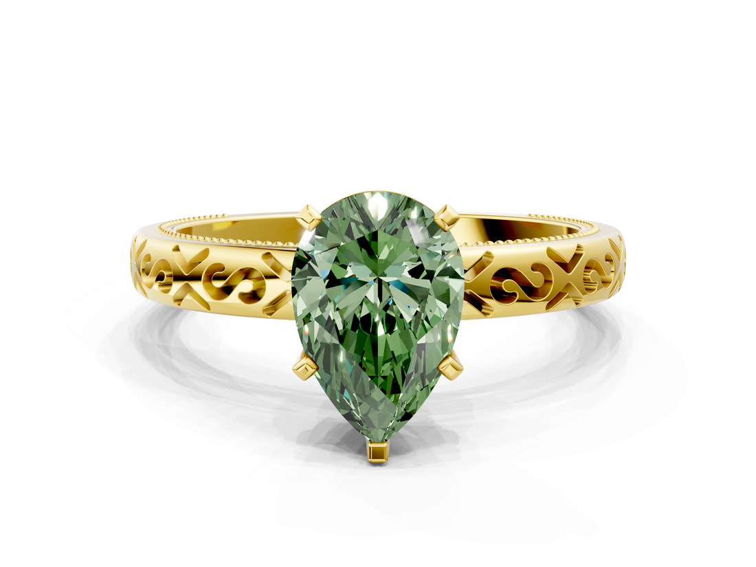 Yellow gold Fancy Green Pear  Solitaire Engagement Ring with Scrollwork Band and Four-Prong Setting_113