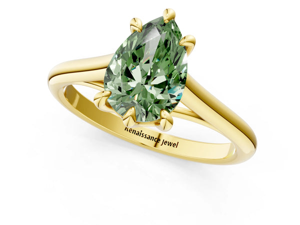 Yellow gold Fancy Green Pear  Solitaire Engagement Ring with Six-Prong Setting and Classic Band