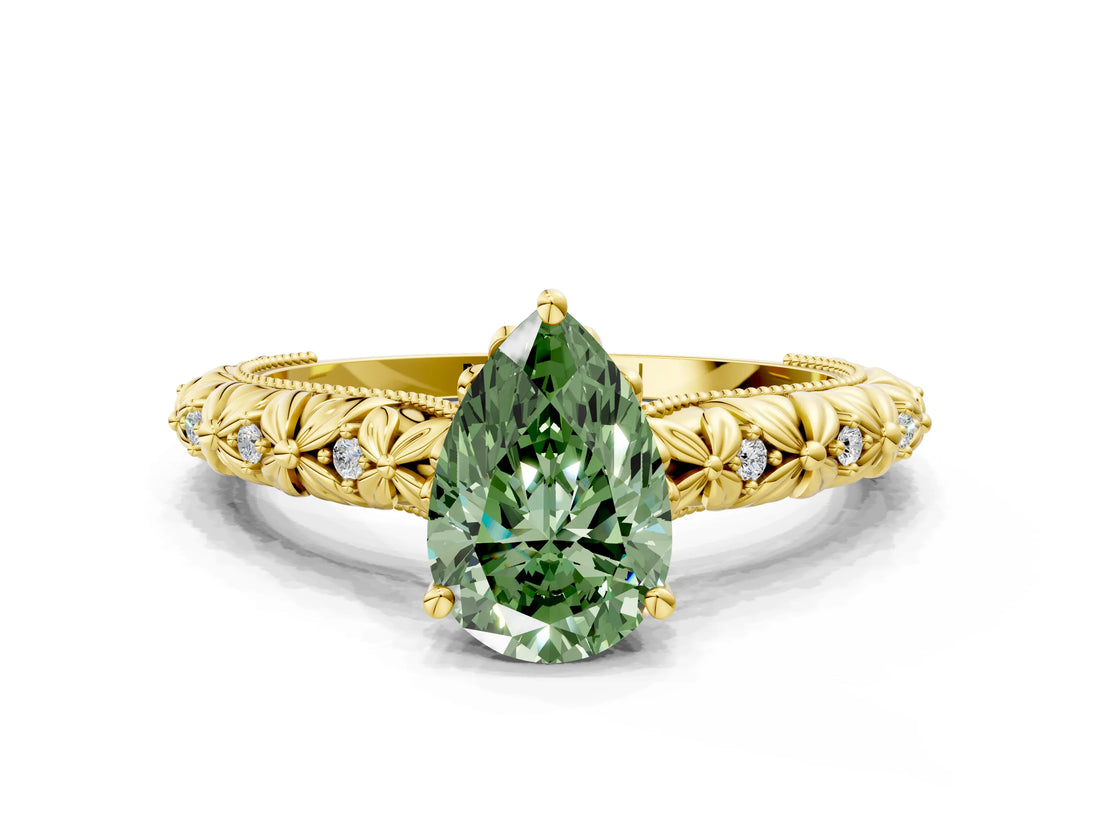 Yellow gold Fancy Green Pear  Solitaire Floral Milgrain Engagement Ring_31