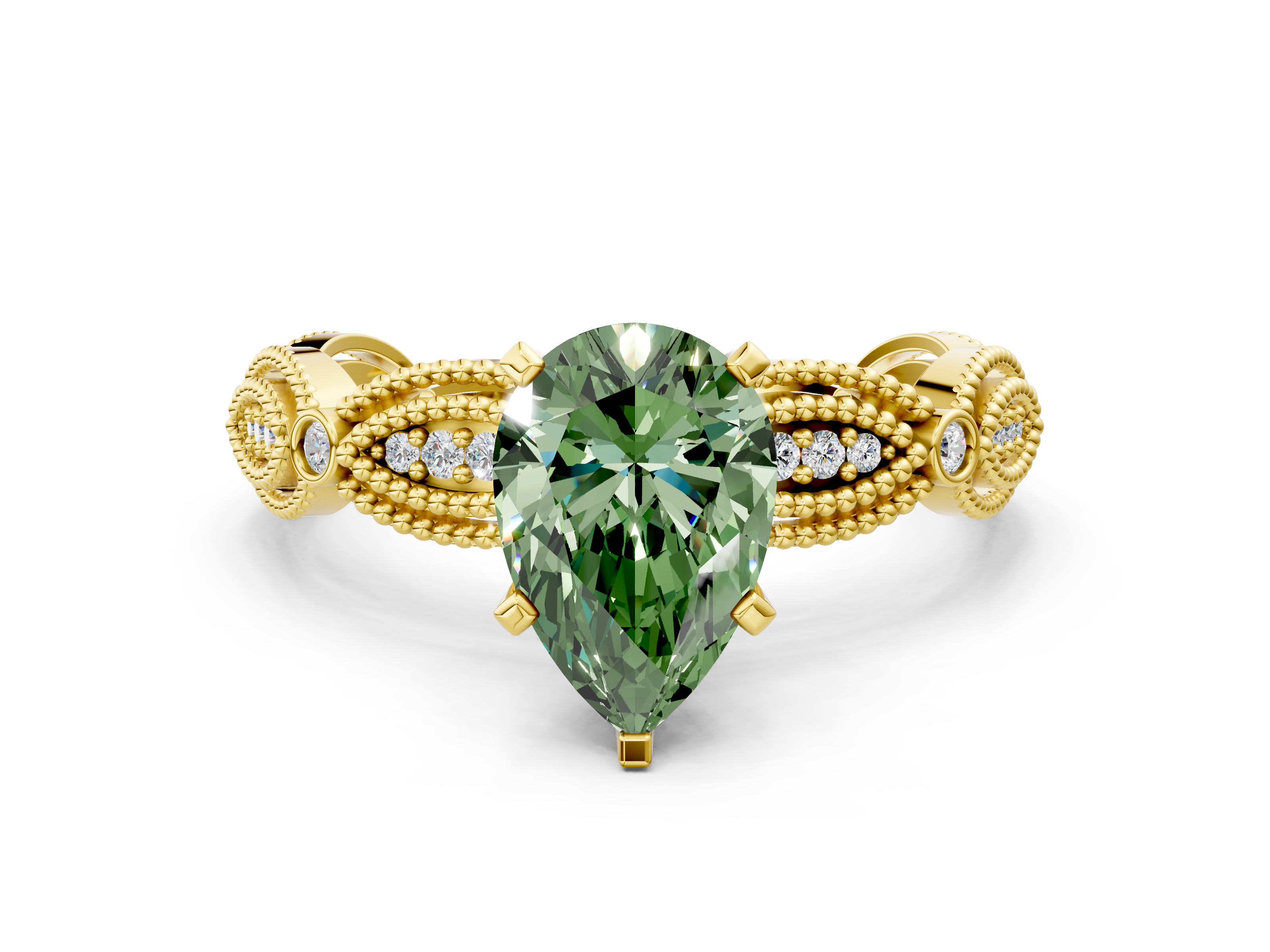 Yellow gold Fancy Green Pear  Solitaire Milgrain Diamond Engagement Ring with Bezel and Marquise Band_143