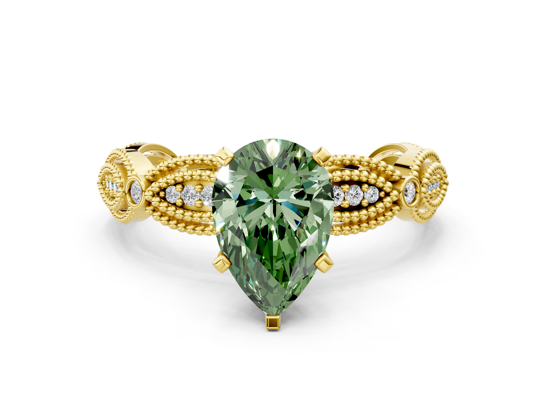 Yellow gold Fancy Green Pear  Solitaire Milgrain Diamond Engagement Ring with Bezel and Marquise Band_143