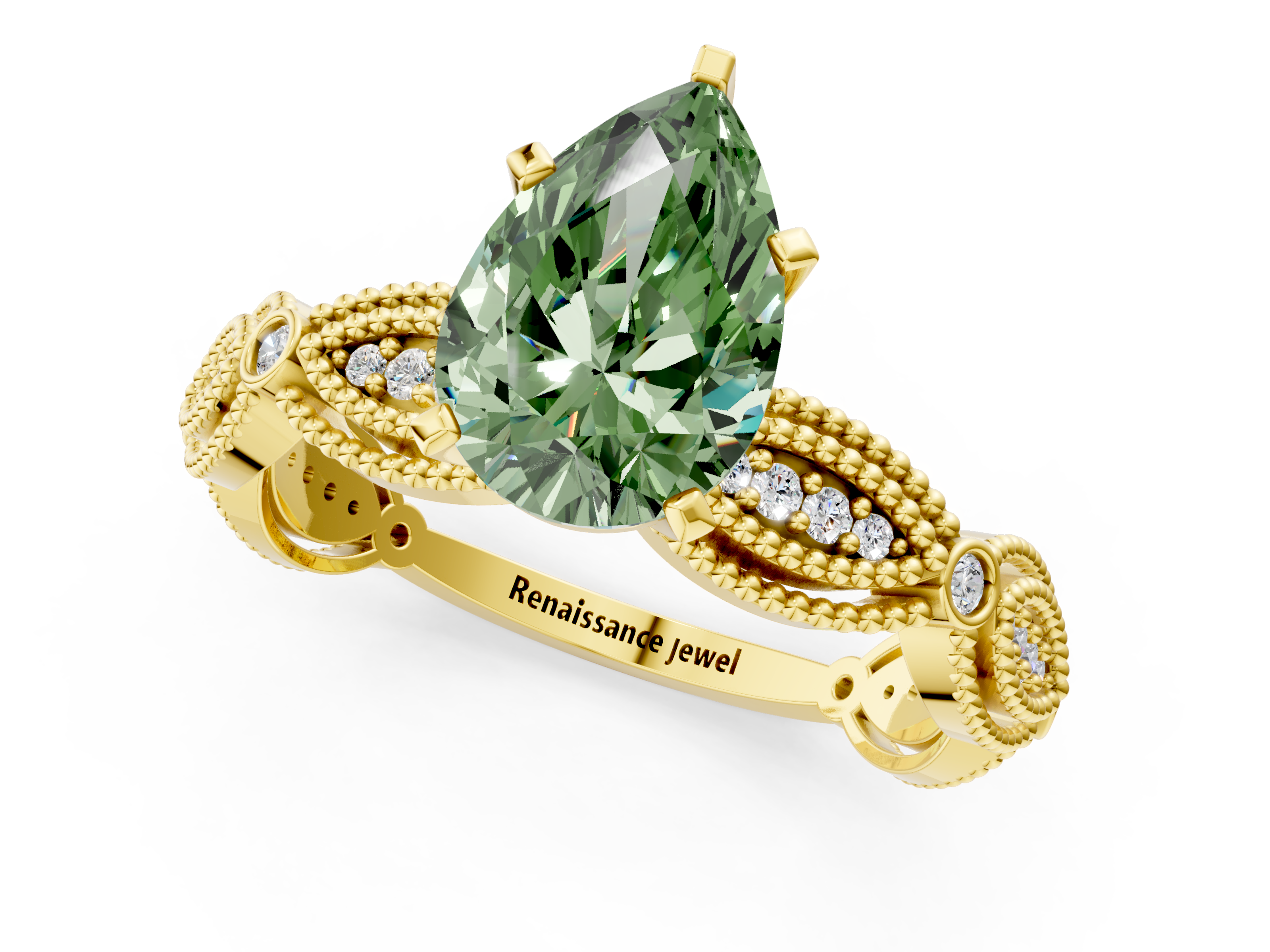 Yellow gold Fancy Green Pear  Solitaire Milgrain Diamond Engagement Ring with Bezel and Marquise Band_144