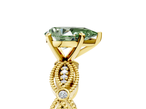 Yellow gold Fancy Green Pear  Solitaire Milgrain Diamond Engagement Ring with Bezel and Marquise Band_148