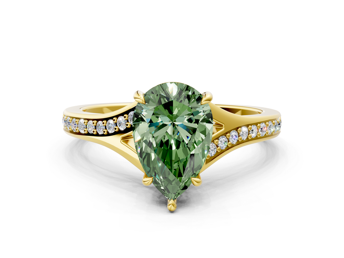 Yellow gold Fancy Green Pear  Solitaire Pavé Band with Four-Prong Setting_28