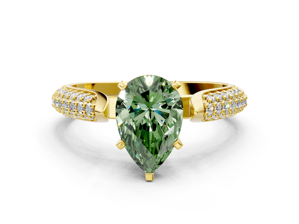 Yellow gold Fancy Green Pear  Diamond Solitaire Engagement Ring with Pavé Band and Four-Prong Setting