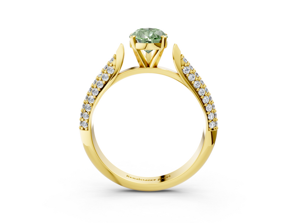 Yellow gold Fancy Green Pear  Diamond Solitaire Engagement Ring with Pavé Band and Four-Prong Setting