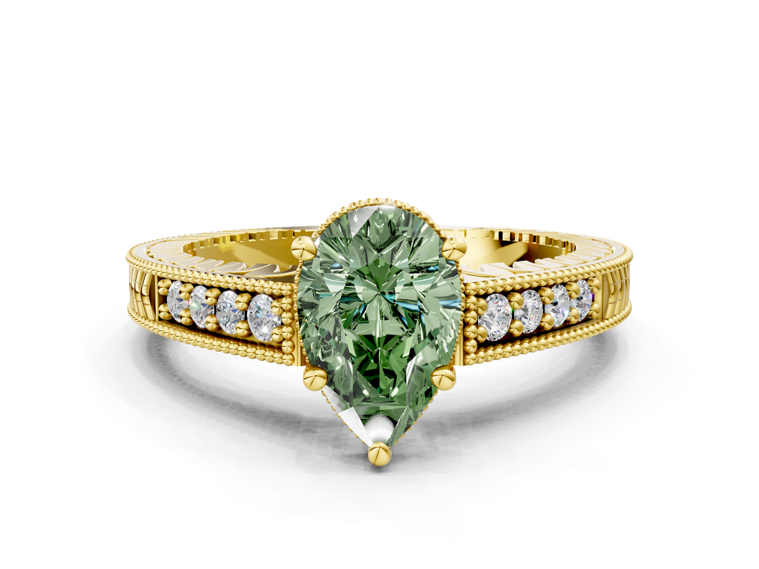 Yellow gold Fancy Green Pear  Solitaire Pavé Diamond Milgrain Engagement Ring with Four-Prong Setting_3