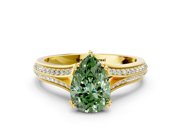 Yellow gold Fancy Green Pear Cut Diamond Split Shank Engagement Ring with Pavé Band