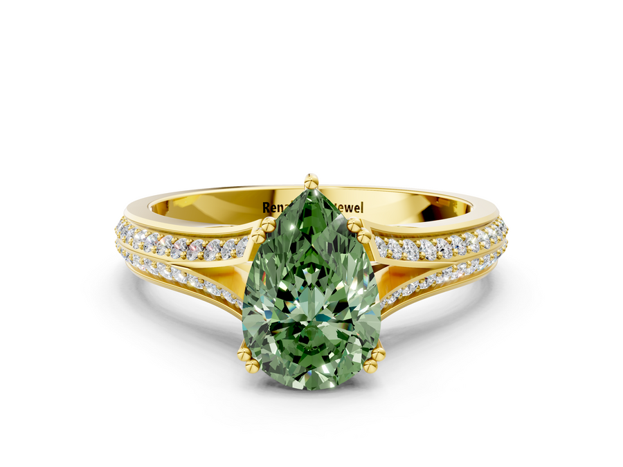 Yellow gold Fancy Green Pear Cut Diamond Split Shank Engagement Ring with Pavé Band