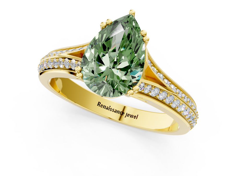 Yellow gold Fancy Green Pear Cut Diamond Split Shank Engagement Ring with Pavé Band