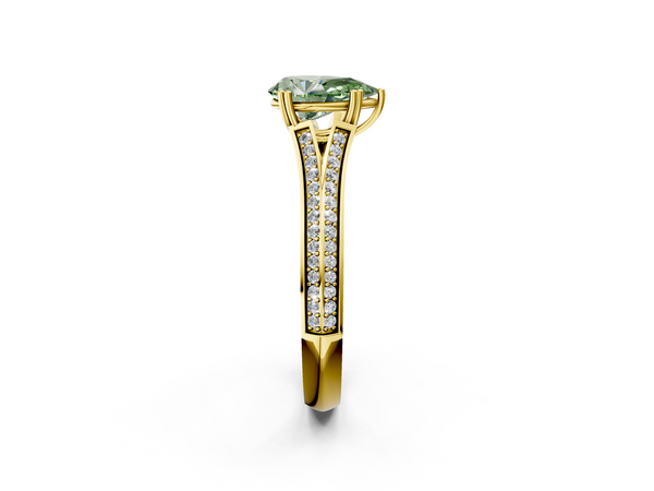 Yellow gold Fancy Green Pear Cut Diamond Split Shank Engagement Ring with Pavé Band