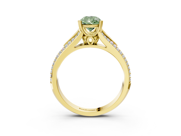 Yellow gold Fancy Green Pear Cut Diamond Split Shank Engagement Ring with Pavé Band
