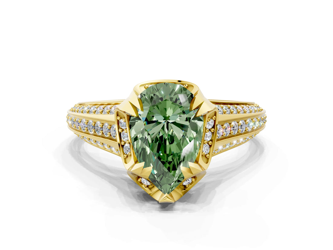 Yellow gold Fancy Green Pear  Solitaire Pave Split Shank Ring with Four-Prong Setting_156