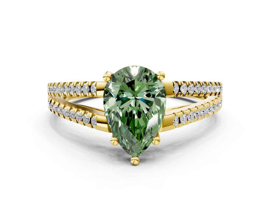 Yellow gold Fancy Green Pear  Solitaire Split Shank Pavé Diamond Engagement Ring_385
