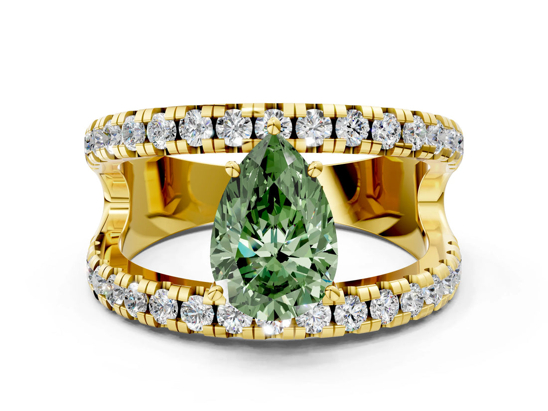 Yellow gold Fancy Green Pear  Solitaire Split Shank Pave Diamond Ring_49