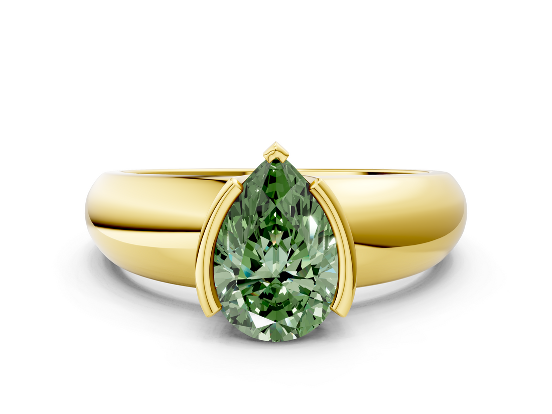 Yellow gold Fancy Green Pear  Solitaire Tension Set Diamond Ring with Wide Band_37