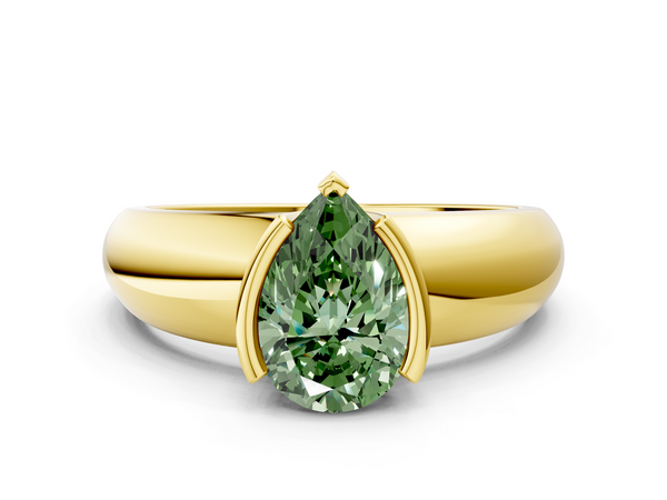 Yellow gold Fancy Green Pear  Solitaire Tension Set Diamond Ring with Wide Band