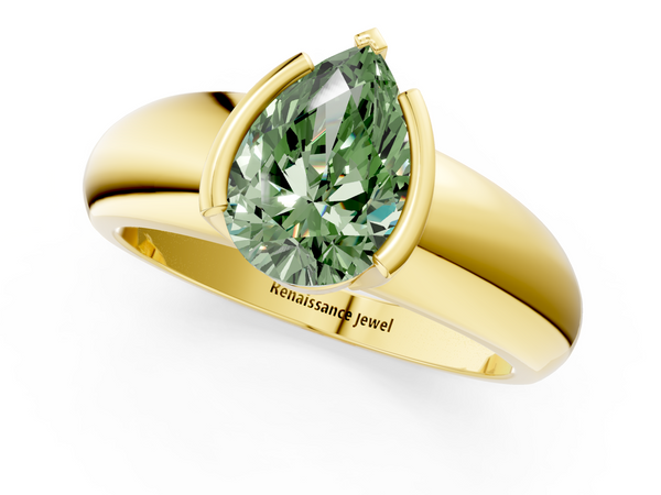 Yellow gold Fancy Green Pear  Solitaire Tension Set Diamond Ring with Wide Band