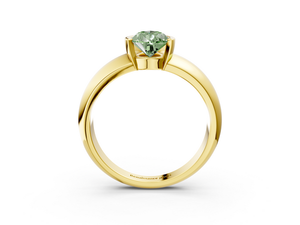 Yellow gold Fancy Green Pear  Solitaire Tension Set Diamond Ring with Wide Band