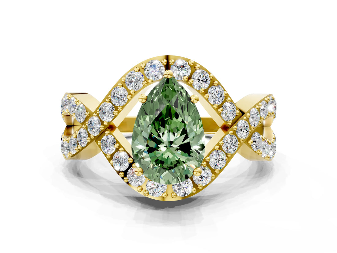 Yellow gold Fancy Green Pear  Solitaire Twist Band Pavé Diamond Engagement Ring_55