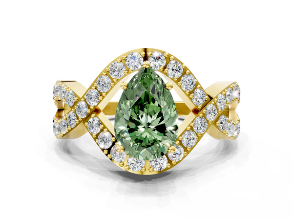 Yellow gold Fancy Green Pear  Solitaire Twist Band Pavé Diamond Engagement Ring