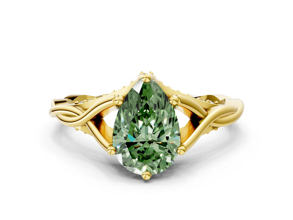 Yellow Gold Pear-Shaped Twisted Solitaire Engagement Ring Setting for Fancy Green Center with Pave Shoulders and Gallery