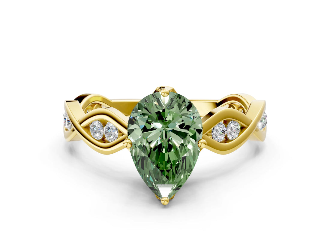 Yellow gold Fancy Green Pear  Solitaire Twist Band with Leaf Prong Setting 1
