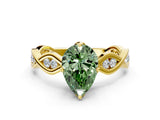 Yellow gold Fancy Green Pear  Solitaire Twist Band with Leaf Prong Setting 1