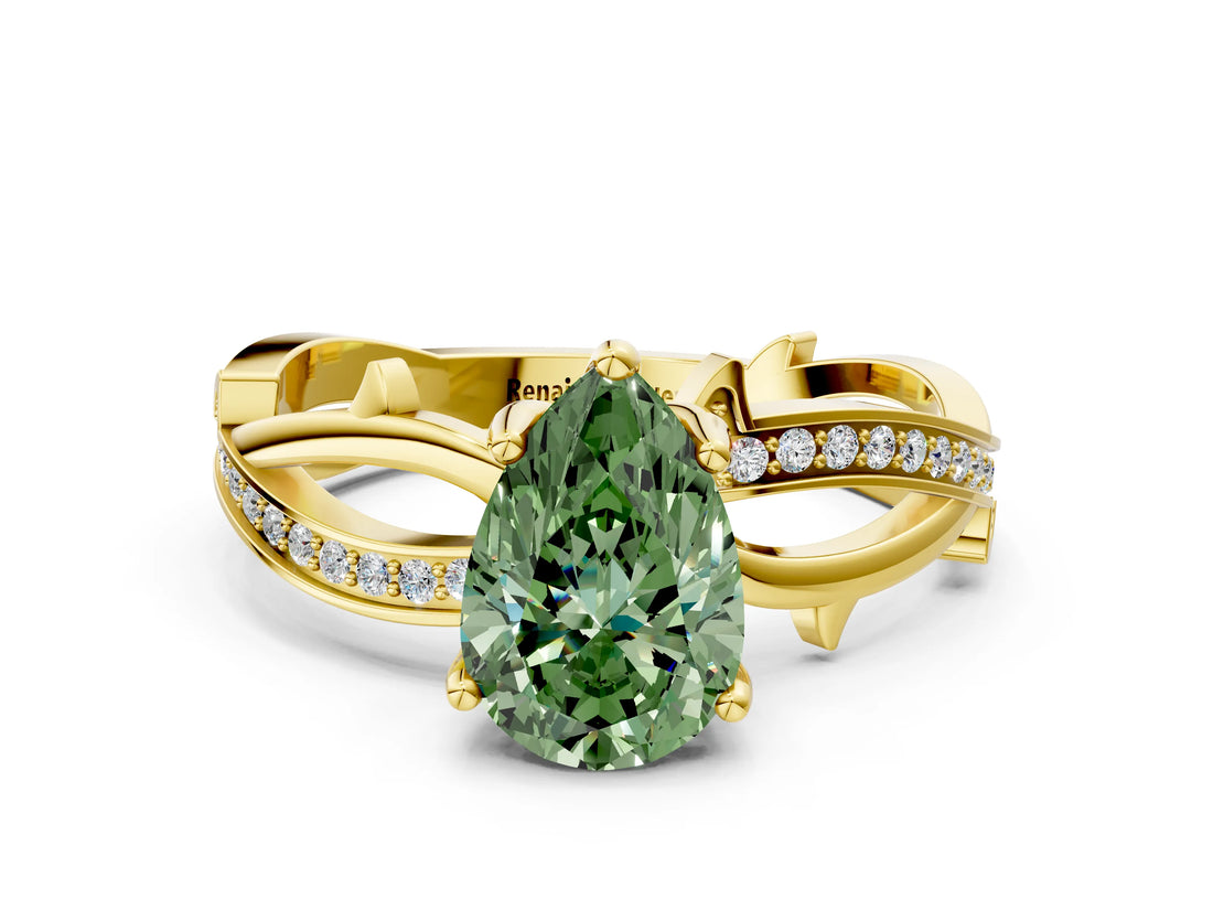 Yellow gold Fancy Green Pear  Solitaire Twist Band with Pavé Accents and Four-Prong Setting_21