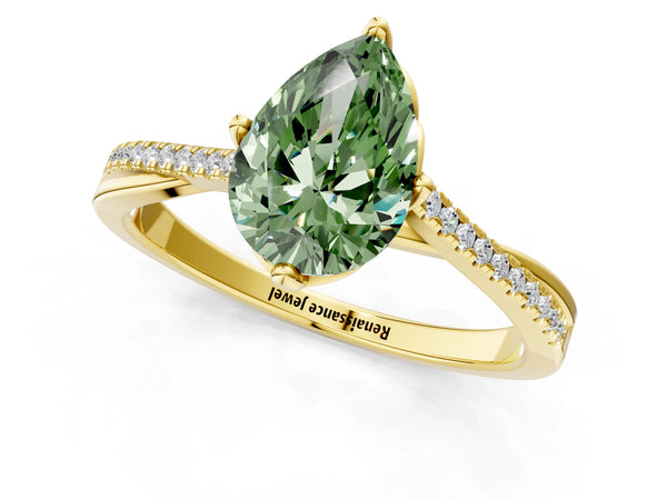 Yellow gold Fancy Green Pear  Solitaire Twist Band with Pavé Diamonds and Four-Prong Setting