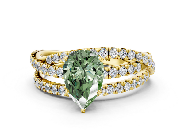 Yellow gold Fancy Green Pear  Solitaire Twist Band with Pavé Setting and Four-Prong Setting