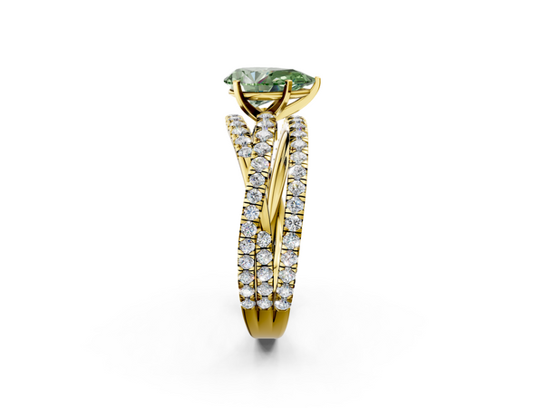 Yellow gold Fancy Green Pear  Solitaire Twist Band with Pavé Setting and Four-Prong Setting