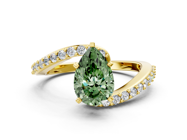 Yellow gold Fancy Green Pear  Solitaire Twist Band with Pave Set Diamonds and Four-Prong Setting