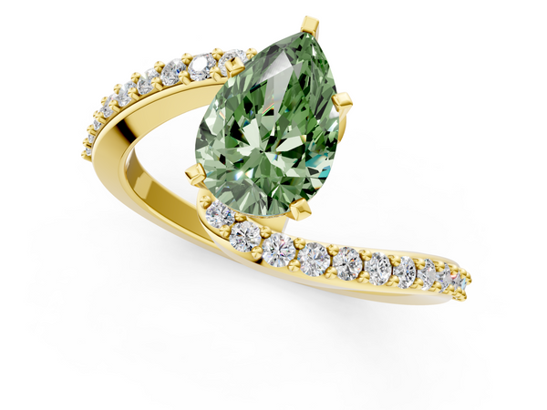 Yellow gold Fancy Green Pear  Solitaire Twist Band with Pave Set Diamonds and Four-Prong Setting