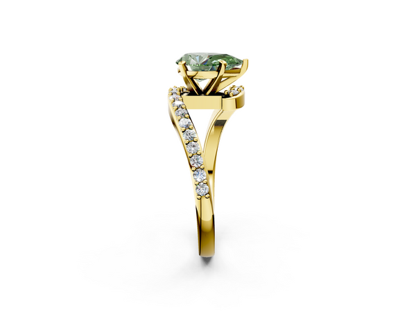 Yellow gold Fancy Green Pear  Solitaire Twist Band with Pave Set Diamonds and Four-Prong Setting