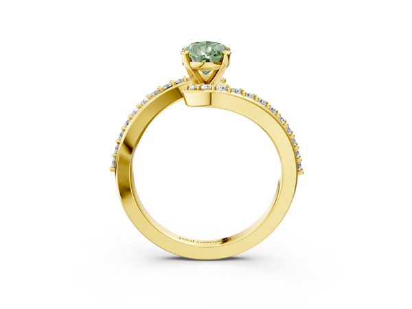 Yellow gold Fancy Green Pear  Solitaire Twist Band with Pave Set Diamonds and Four-Prong Setting