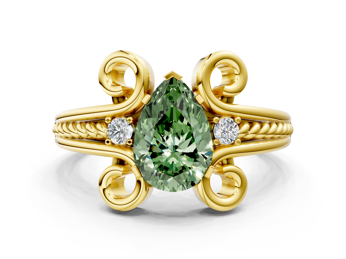 Yellow gold Fancy Green Pear  Solitaire Twisted Band Scroll Prong Ring_3