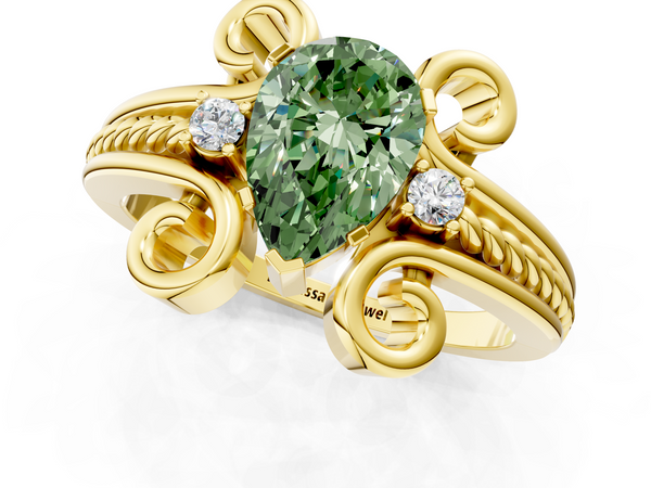 Yellow gold Fancy Green Pear  Solitaire Twisted Band Scroll Prong Ring