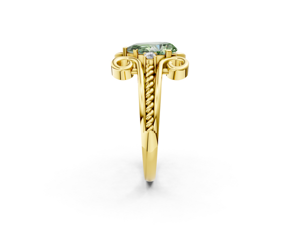 Yellow gold Fancy Green Pear  Solitaire Twisted Band Scroll Prong Ring