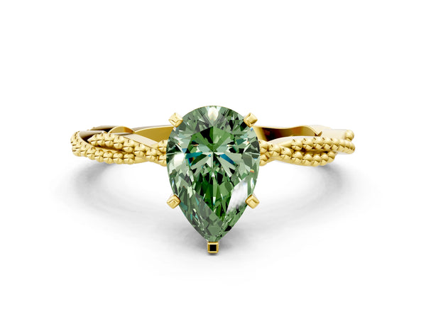 Yellow gold Fancy Green Pear  Solitaire Twisted Band with Bead Prong Setting