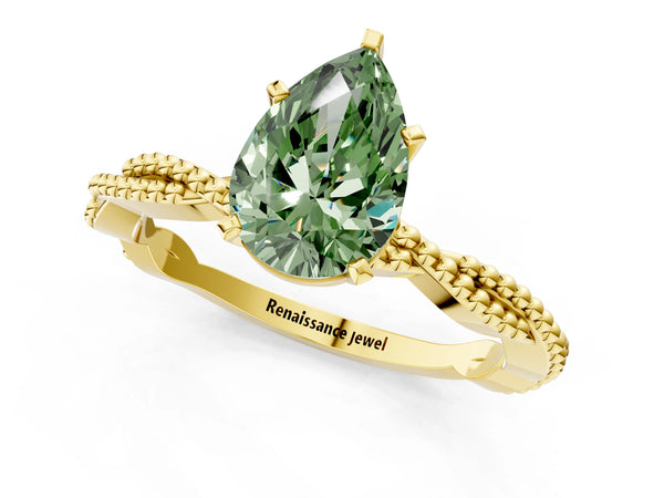 Yellow gold Fancy Green Pear  Solitaire Twisted Band with Bead Prong Setting