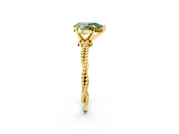 Yellow gold Fancy Green Pear  Solitaire Twisted Band with Bead Prong Setting