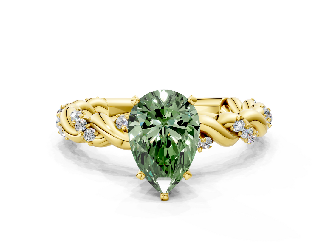 Yellow gold Fancy Green Pear  Solitaire Twisted Band with Pavé Accents and Four-Prong Setting_3
