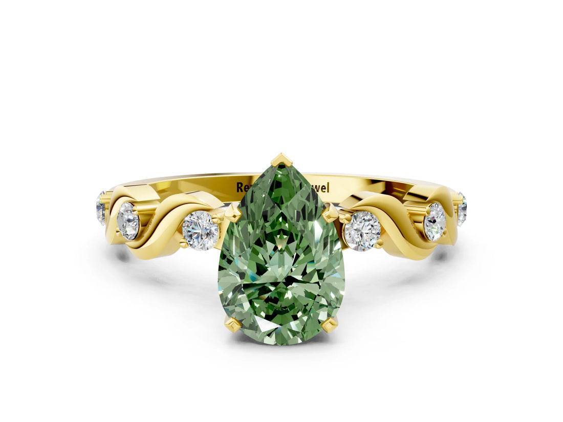 Yellow gold Fancy Green Pear  Solitaire Twisted Band with Prong Setting 1