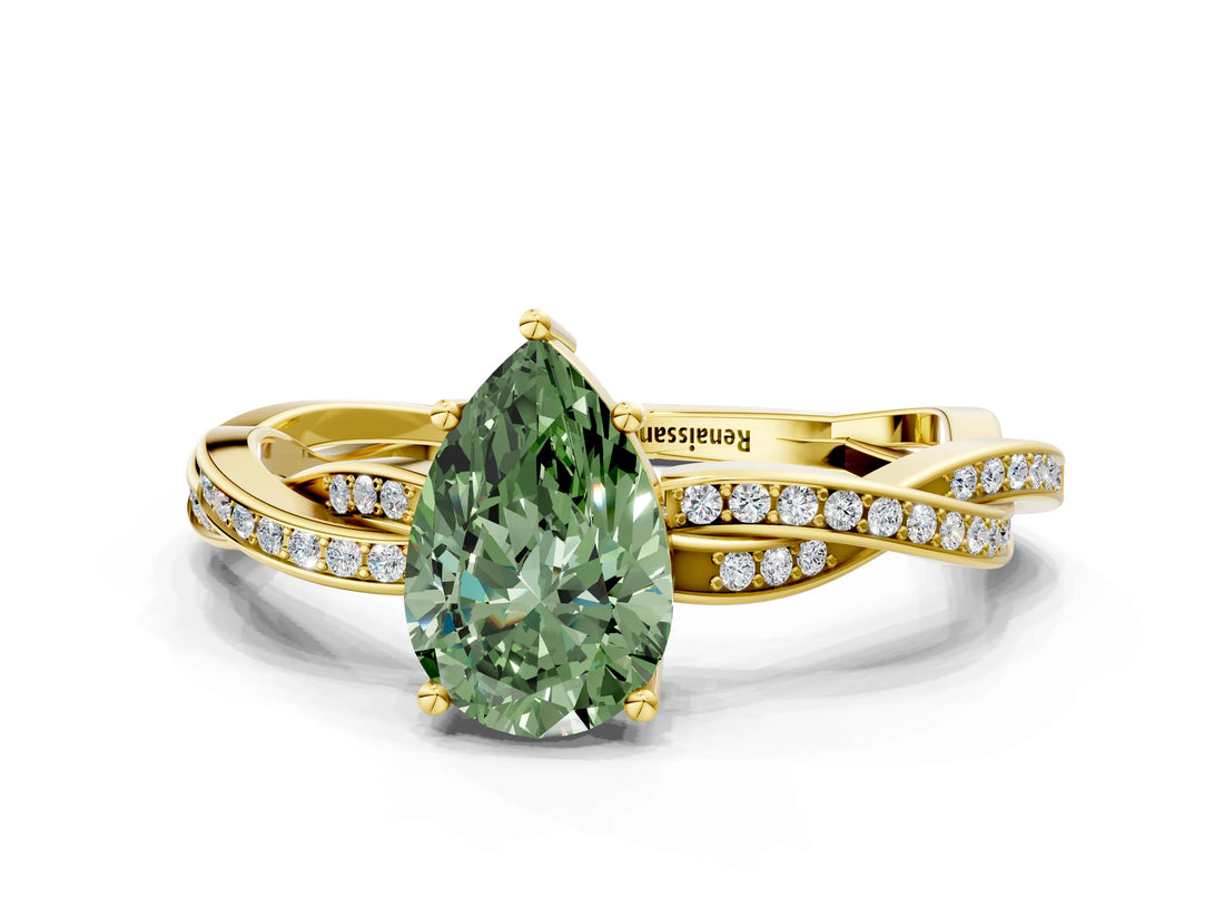 Yellow gold Fancy Green Pear  Solitaire Twisted Pave Diamond Ring with Four-Prong Setting_101